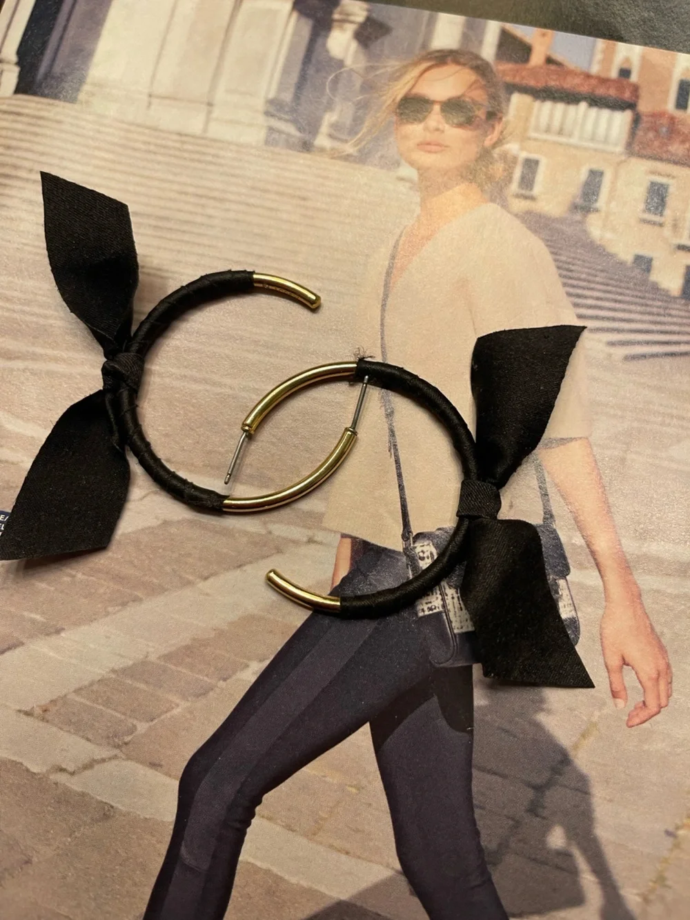 J. Crew Black Bow Hoop Earrings with Gold-Tone Accents